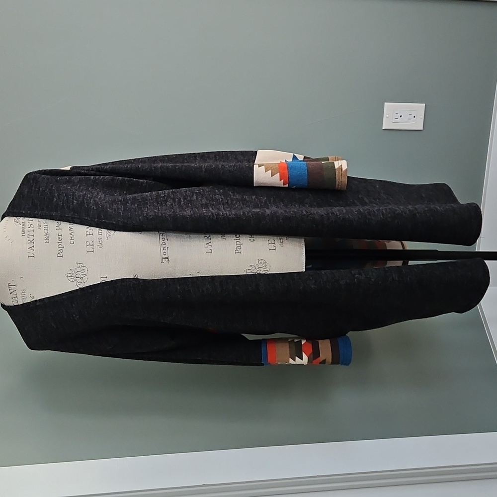 Stylish Dark Grey Cardigan with Multicolor Sleeves